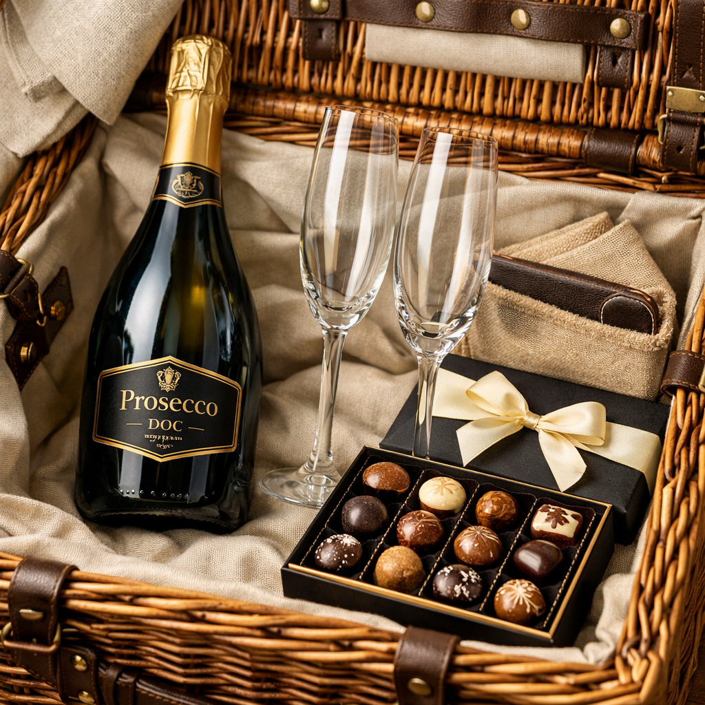 Luxury hamper with prosecco, glasses and chocolates