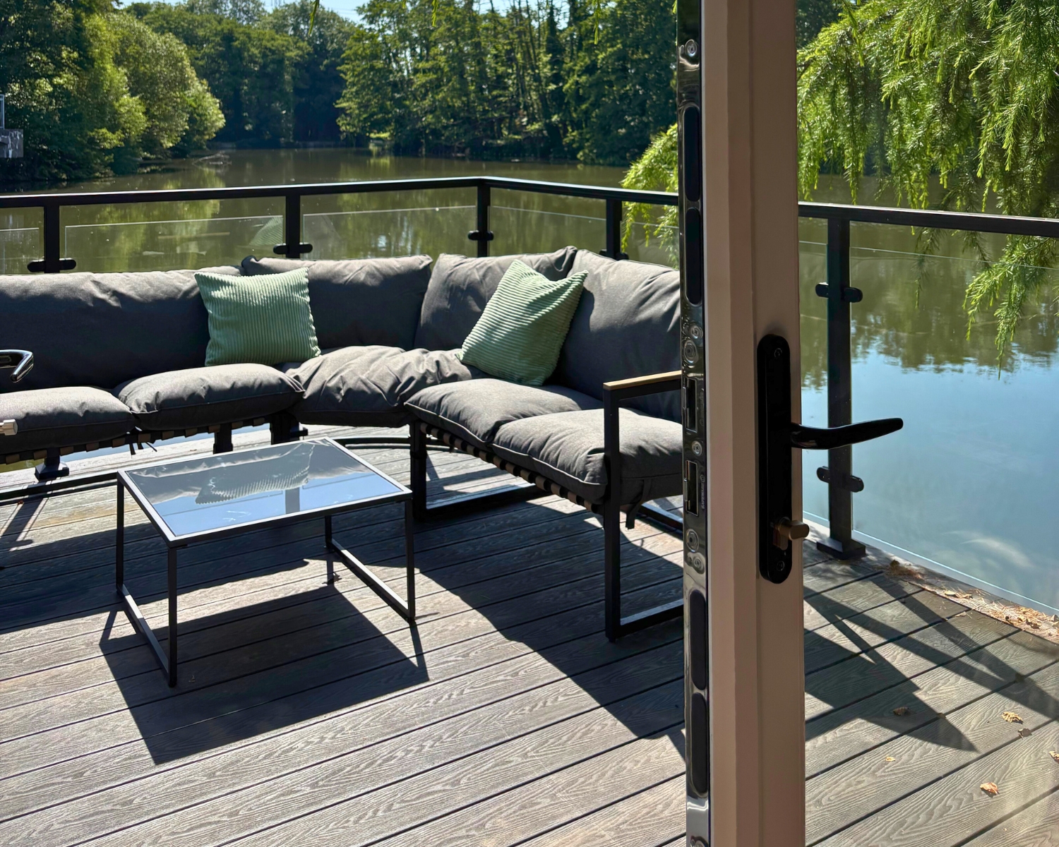 Lakeside deck seating beside the pod for a custom celebration setup